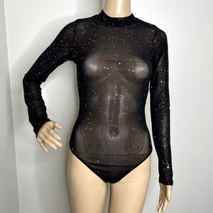 Lulus Black Sequined Long Sleeve Mesh Bodysuit